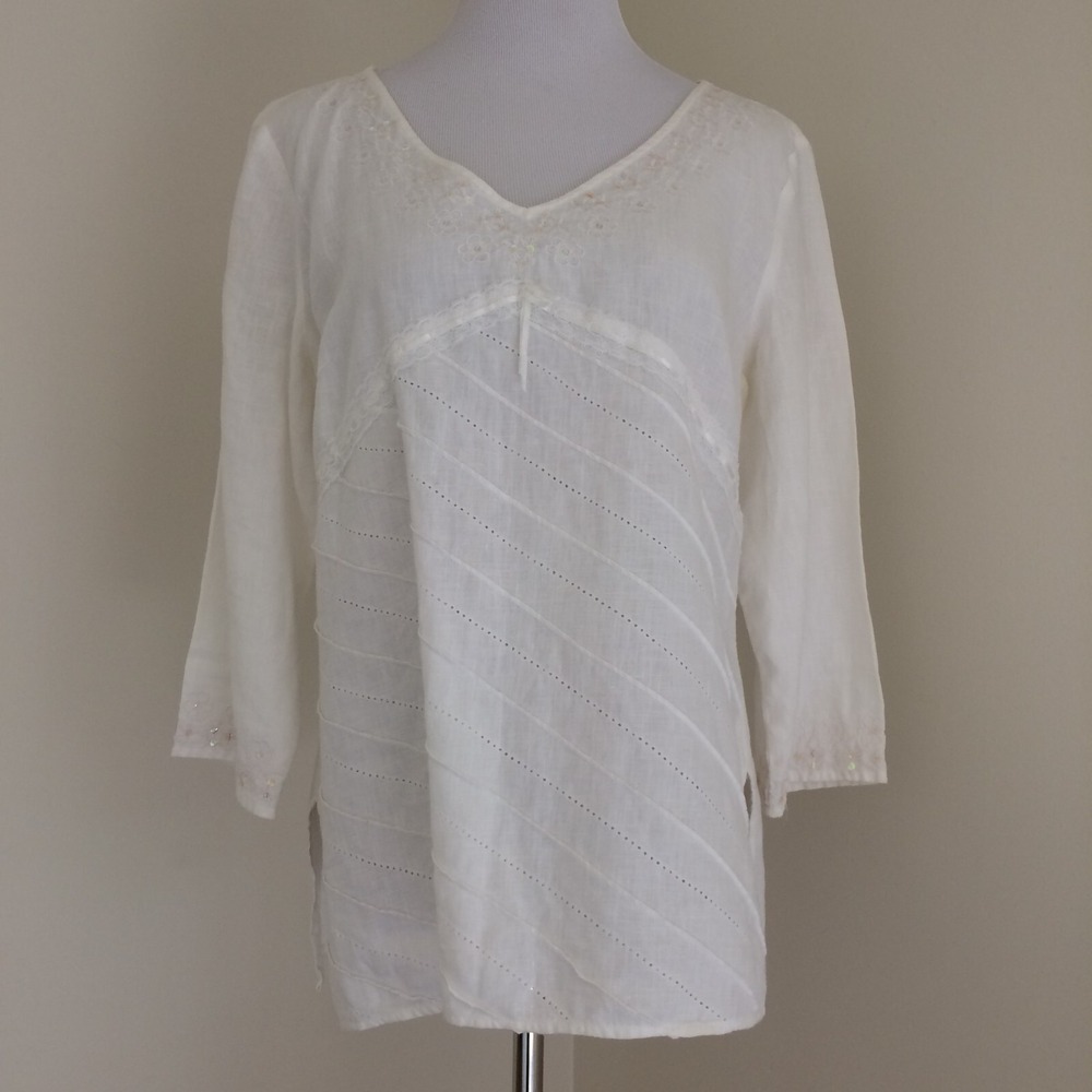 MALCOLM CO Shirt Womens Large Irish Linen‎ Blouse Sequins Embroidered White